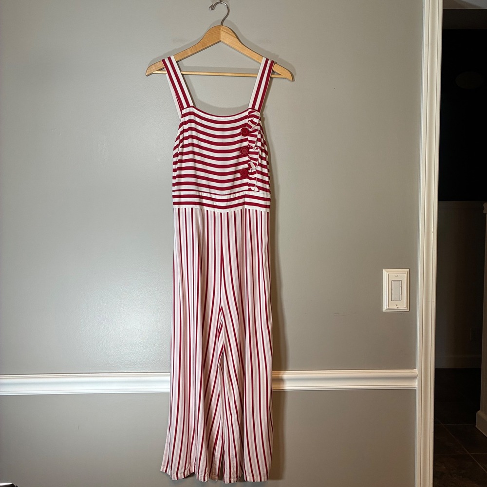 True Destiny Red White Striped Wide Leg Ruffle Button Jumpsuit Medium Nautical